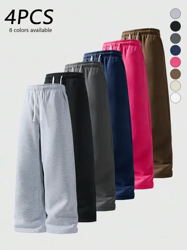 4-pack men’s basic solid-color loose casual straight sweatpants with adjustable drawstring elastic waistband; versatile for everyday wear; soft, skin-friendly, comfortable fabric