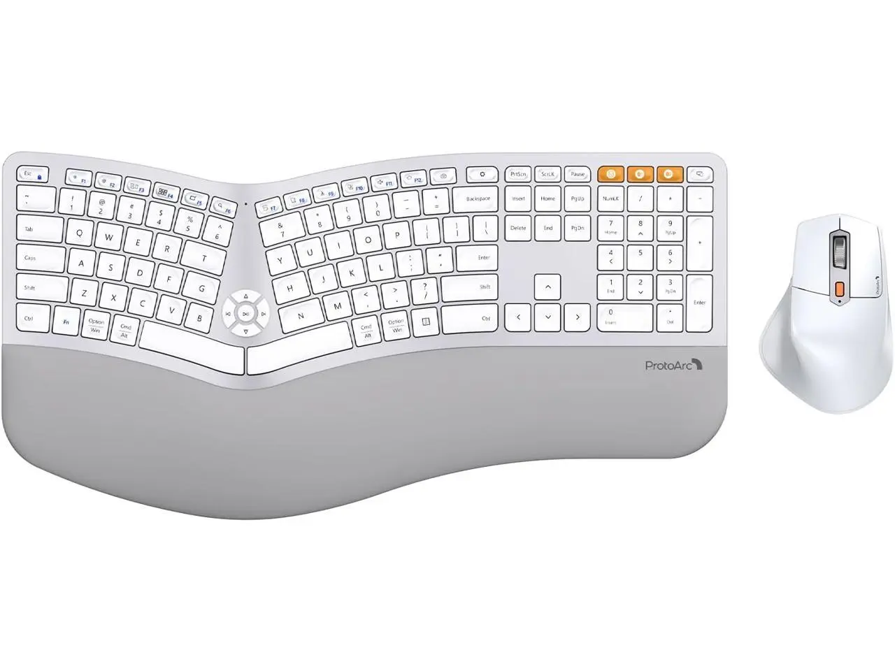 ProtoArc Full Size Wireless Bluetooth Ergo Keyboard Mouse Combo - Split Design, Wrist Rest, Multi-Device, Rechargeable, for Windows/Mac OS, EKM01 PLUS - Silver