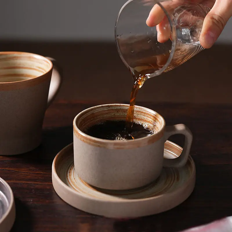 Handmade Coarse Ceramic Coffee Cup and Plate Set, Retro Artistic Drinkware for Coffee or Milk