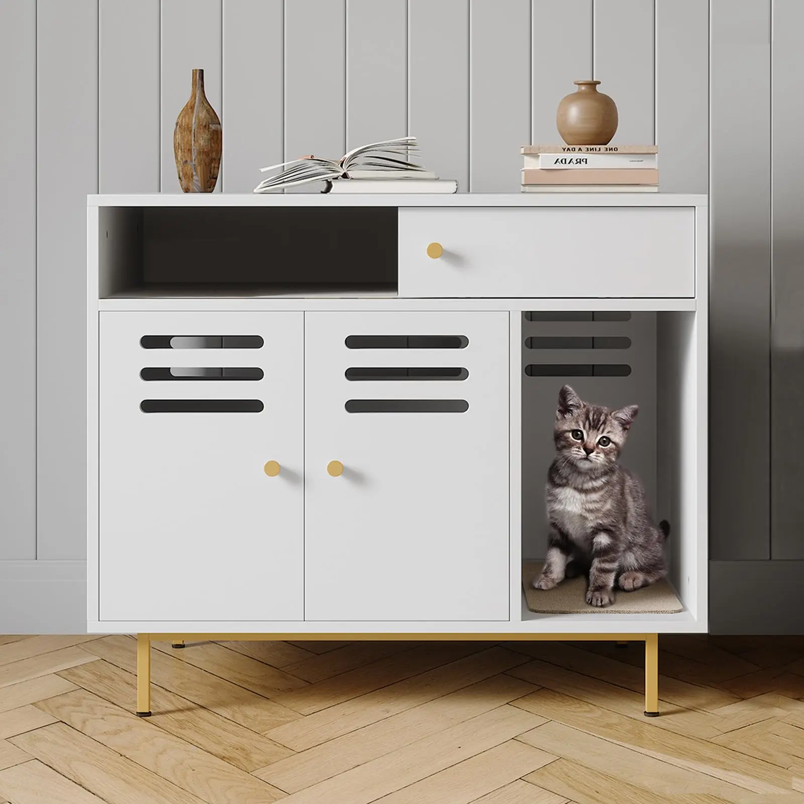 Hidden Litter Box Furniture with Storage, White Enclosure Cat Litter Cabinet End Table, Side Entry, Odor Control Vents, Easy-Clean for Small & Large Cats