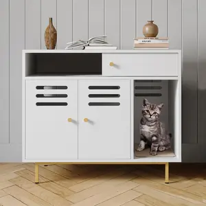 Hidden Litter Box Furniture with Storage, White Enclosure Cat Litter Cabinet End Table, Side Entry, Odor Control Vents, Easy-Clean for Small & Large Cats