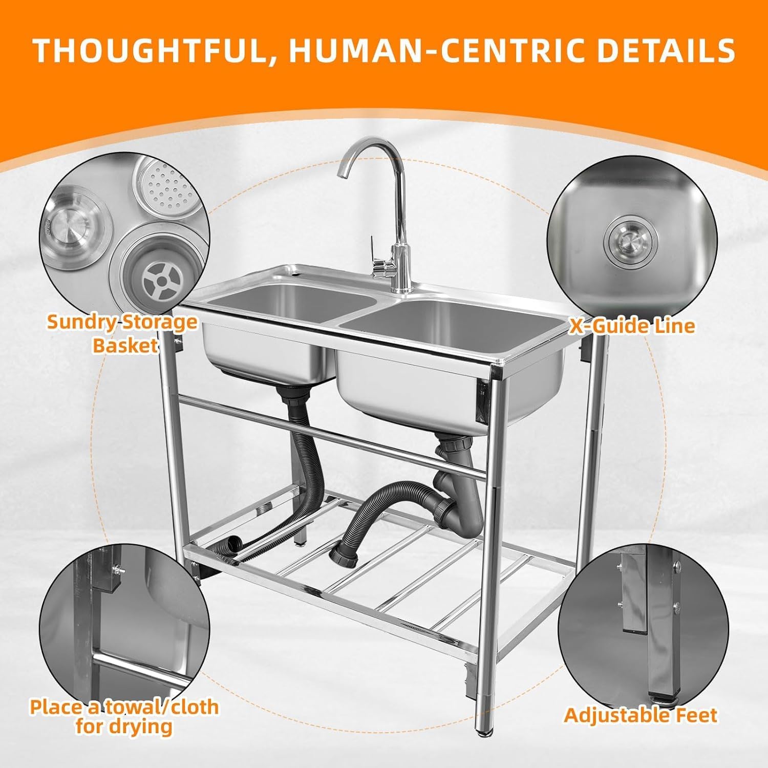 Freestanding Double Bowl Sink, 31.5" x 16.9" x 29.5" Stainless Steel Kitchen Sink, Outdoor Utility Sink with Hot Cold Faucet, Ideal for Restaurant, Kitchen, Laundry, Garage