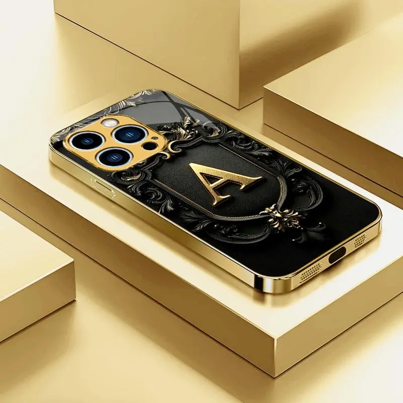 Electroplated Glass Gold Cover for iPhone 15 Pro Max, Premium High-End Phone Case with 26 Letter Options, Major Promotion, Model YM99