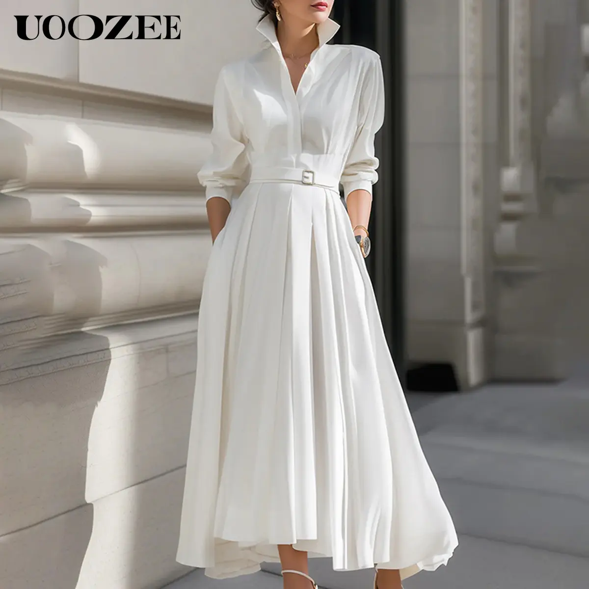 UOOZEE Women's Autumn Fashion Non-Stretchy Fitted Sheer Solid Color Pockets  Belted Loose Long Sleeves Stand