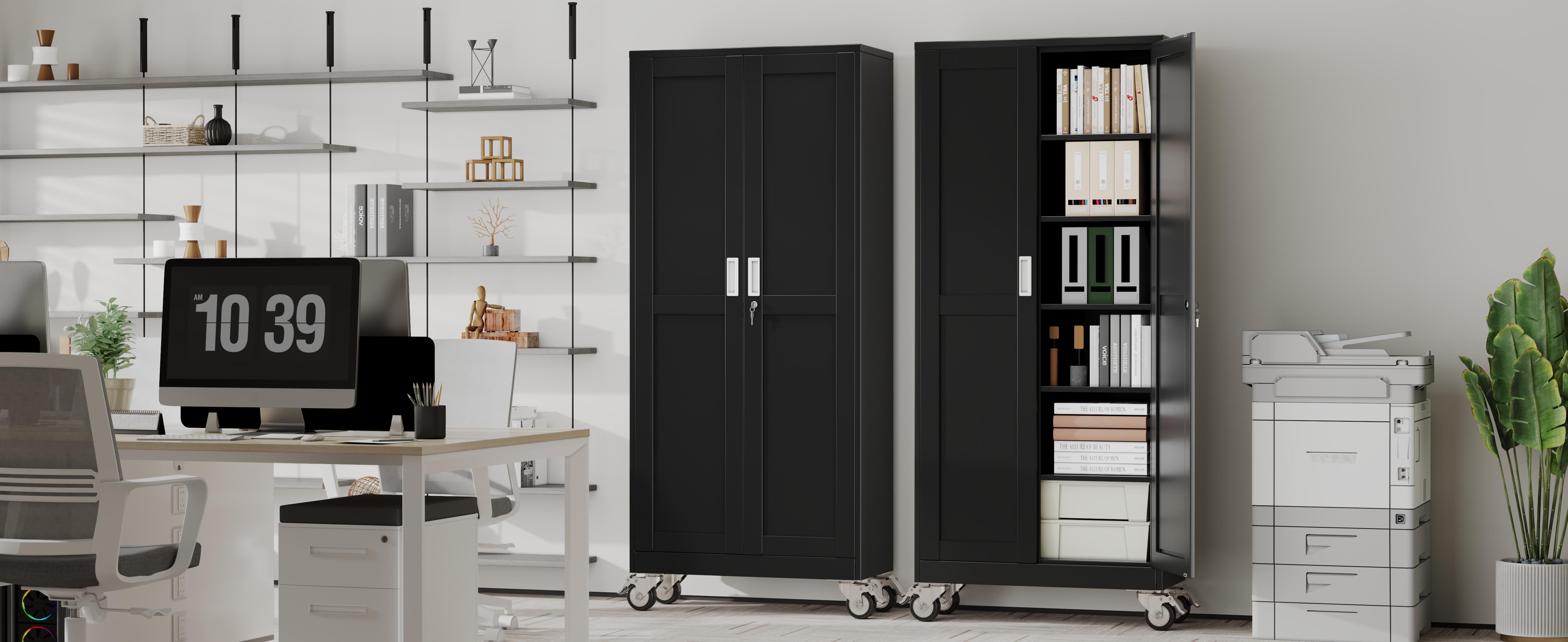 Heavy-Duty Metal Storage Cabinet with Wheels, 2-Door Steel File Cabinet with 5 Adjustable Shelves for Garage, Home Office & Warehouse Heavy-Duty Metal Storage Cabinet with Wheels, 2-Door Steel File Cabinet with 5 Adjustable Shelves for Garage, Home Office & Warehouse