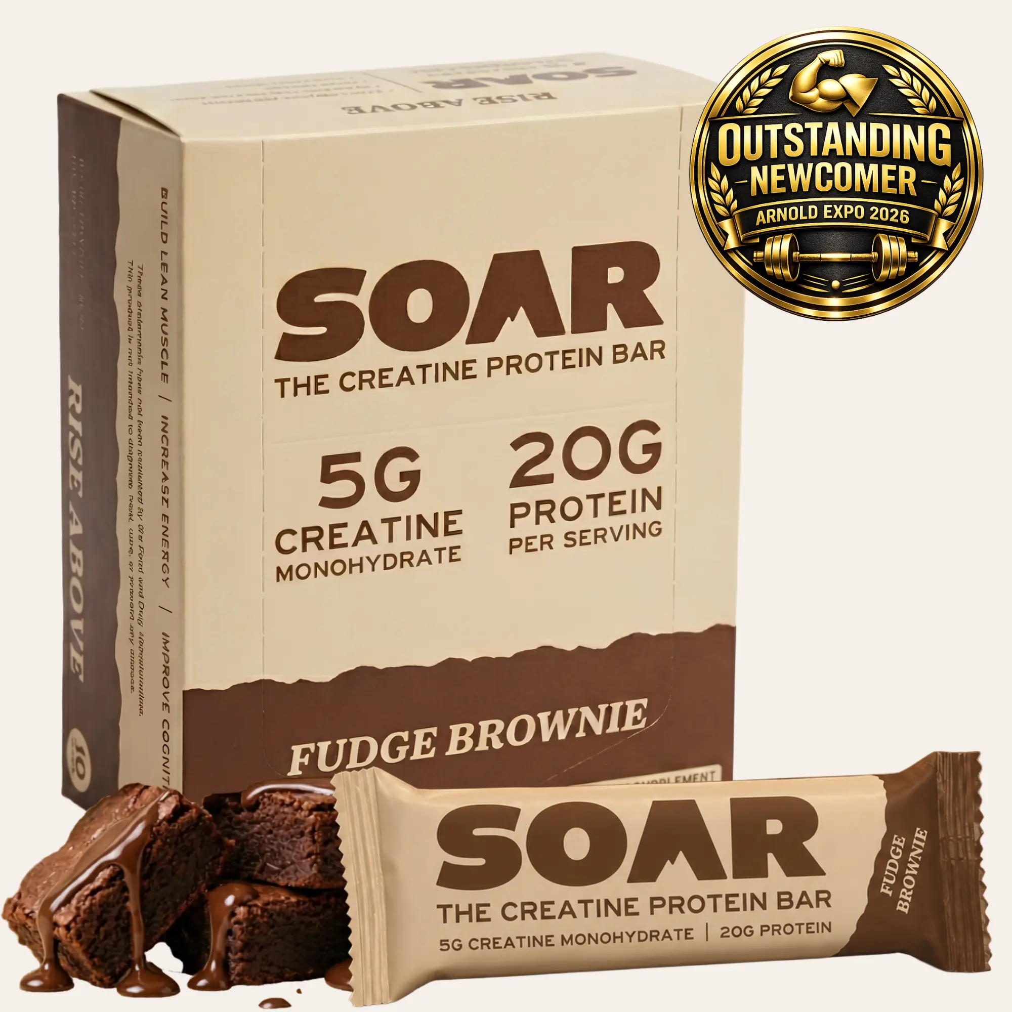 Soar Creatine Protein Bar - Fudge Brownie Flavor | 5g Creatine, 20g Protein, 1g Sugar | 3rd Party Tested