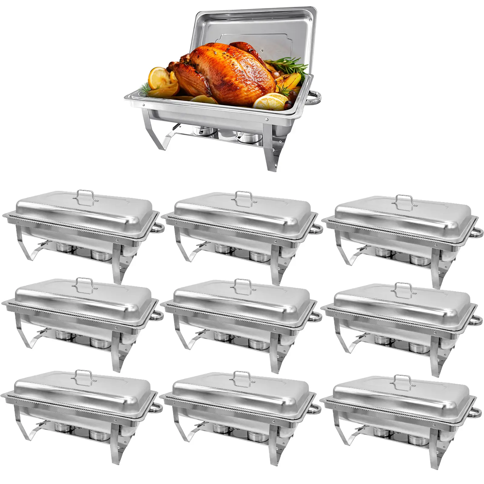 10 Pack 8QT Full Size Chafing Dish Buffet Set , Stainless Steel Food Warmer Kit with Lids, Food Pans, Water Pan and Fuel Holders for Restaurant Catering Parties Weddings