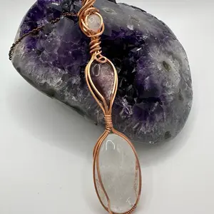 Clear Quartz, Gem Lepidolite, and moonstone Copper wired pendant