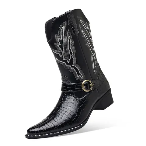 Men's Western Style Pointed Toe Mid-Calf PU Leather Boots - Thick-Soled, Waterproof, Non-Slip, Wear-Resistant, Zip-Up All-Season Shoes for Commuting