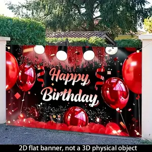 1pc 2D Flat Red & Black Balloon Birthday Banner Backdrop with Happy Birthday Script - Durable Polyester Photography Background for Indoor/Outdoor Parties, Festivals, Theme Events - No Electricity Required, Birthday Party Decorations, Festiv