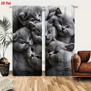 2D Flat 6 Piece Fluffy Gray British Shorthair Cat Printed Blackout Curtain 2-Pack, Cute Kitten Pattern Soft Cozy Room Darkening Curtains for Bedroom Living Room, Light Filtering & Noise Reducing Home Decor