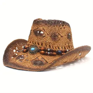 Boho Chic Cowboy Hat with Beaded Chain - Breathable, Lightweight Straw Sun Hat for Women