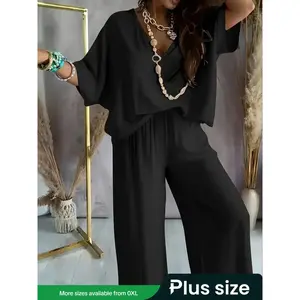Summer women's plus size solid color bat sleeve V-neck T-shirt and wide leg pants two-piece set, machine washableRAIMENTRY