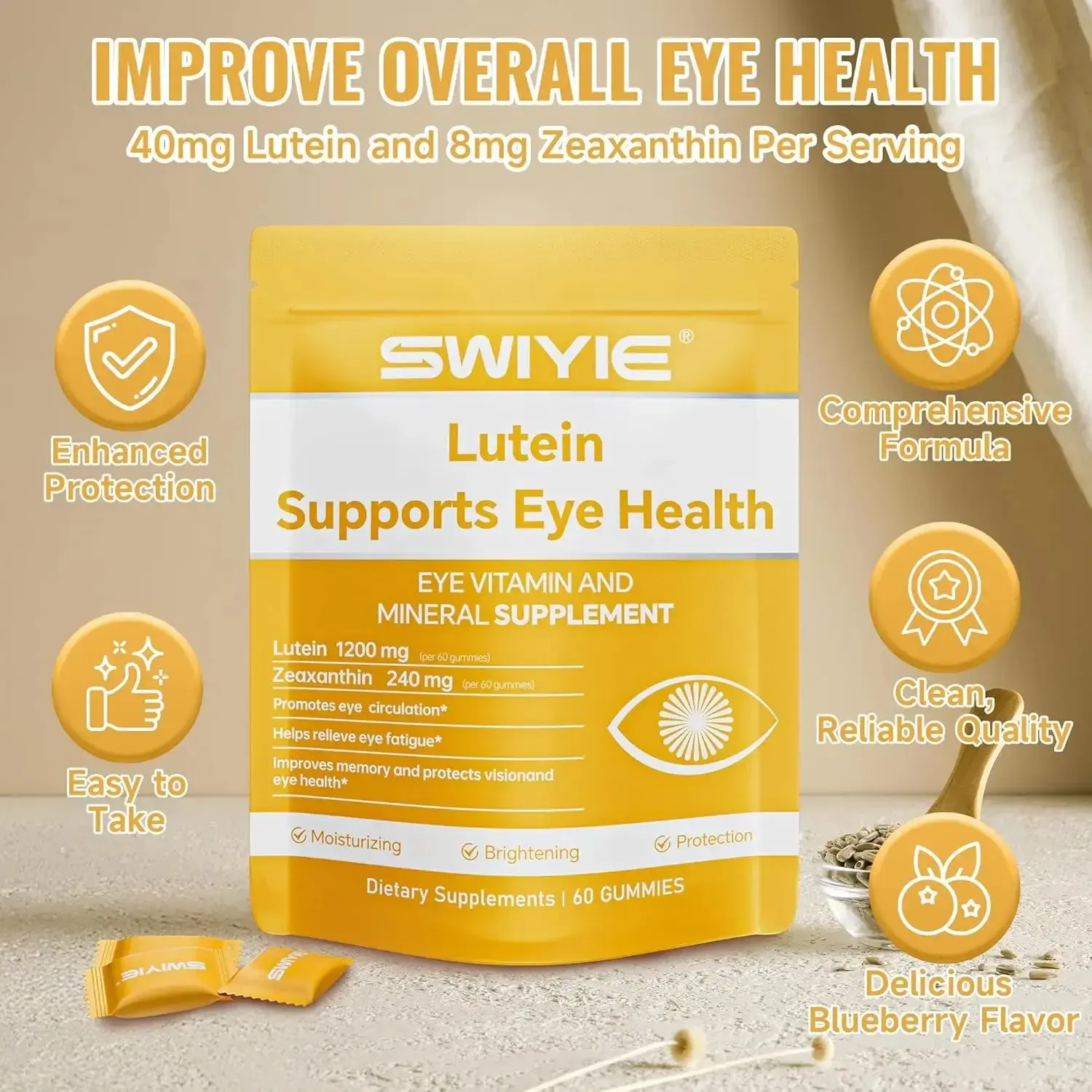 Swiyie Lutein & Zeaxanthin Gummies - Eye Health Supplement with Astaxanthin, Vitamin A C E- Blue Light Defense, Vision Support, Berry Flavor - 60 Gummies Healthcare Dietary Fitness Edible vit b12 dietary edible fitness swivie lutein collagen Colagen