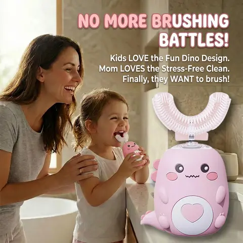 Kids’ U-Shaped Silicone Ultrasonic Electric Toothbrush - 3 Brush Heads, 360° Full Cleaning, 3 Modes (Ultrasonic, Pulse Massage), IPX7 Water Resistant, Cartoon Dinosaur Design, Smart Timer, Whitening, Eco-Friendly, Builds Youth Daily Good Habits