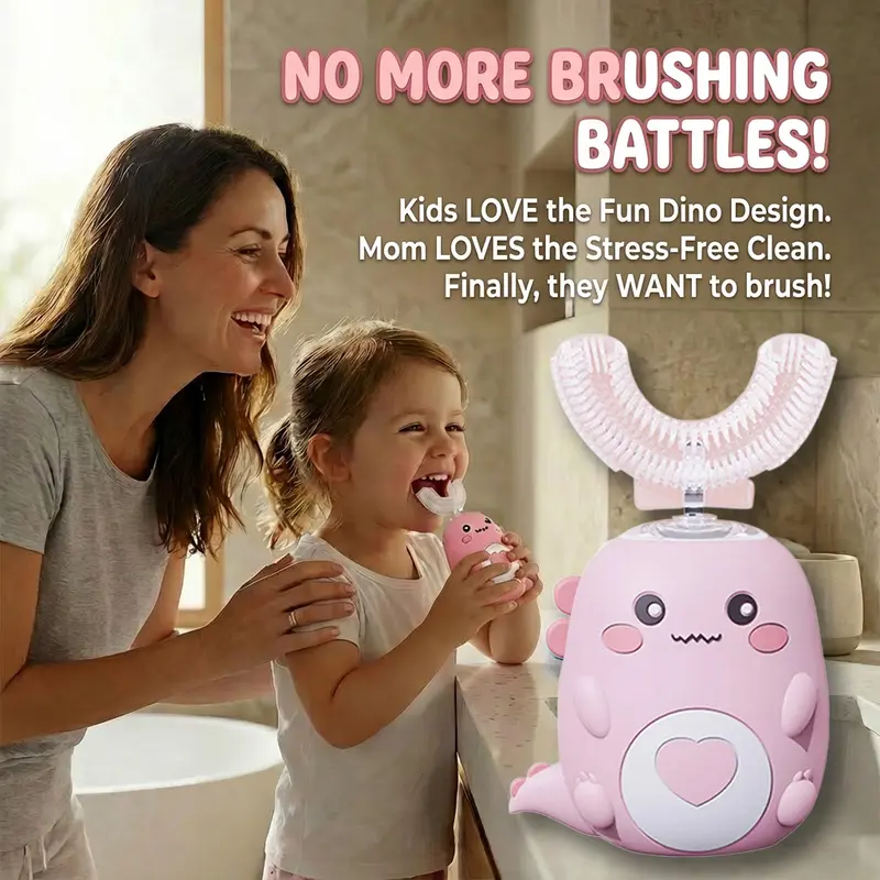 Kids’ U-Shaped Silicone Ultrasonic Electric Toothbrush - 3 Brush Heads, 360° Full Cleaning, 3 Modes (Ultrasonic, Pulse Massage), IPX7 Water Resistant, Cartoon Dinosaur Design, Smart Timer, Whitening, Eco-Friendly, Builds Youth Daily Good Habits