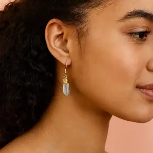 Clear Quartz Pendant Earrings - Simple Design with Quartz Stone and Gold-Tone Accents