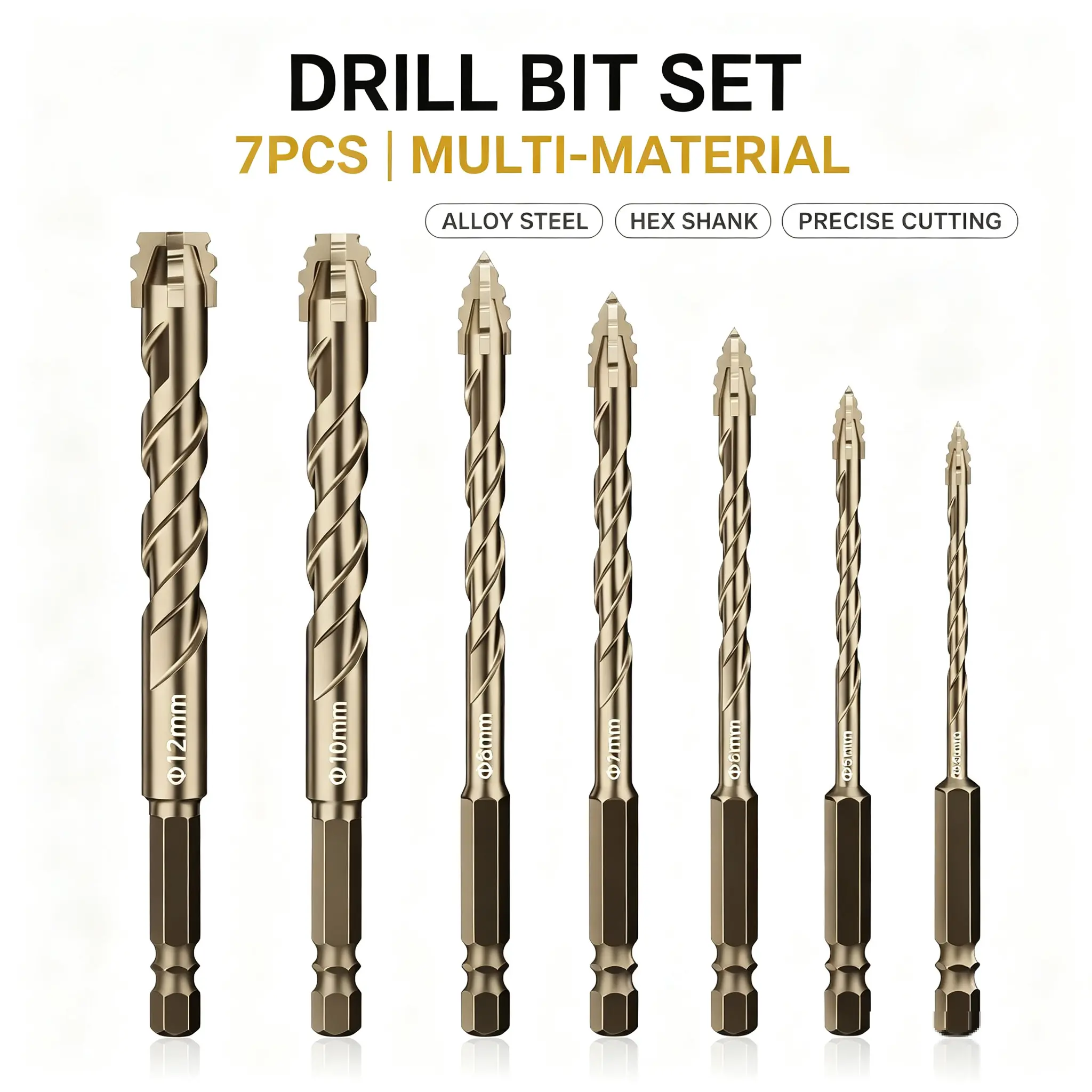 7Pcs Multi-Material Cross Tip Drill Bits, 1/4" Hex Shank U-Type Flute Alloy Drill Bits for Wood, Tile, Glass, Brick & Concrete