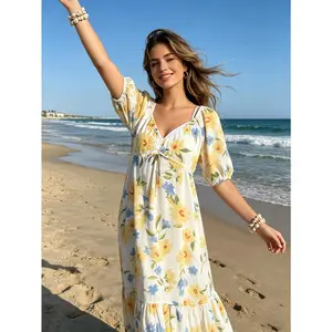Women's Soft Cool V-Neck A-Line Floral Lightweight Breathable Sleeveless Dress, Versatile Moisture-Wicking Summer Vacation Casual Outfit