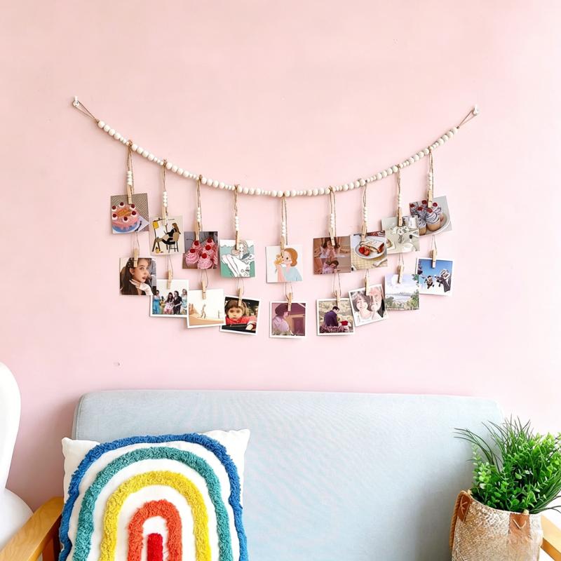 Boho Photo Display String, 4ft Wooden Bead Garland with 9 Clips, Hanging Picture Collage Decor for Cubicle, Dorm, Nursery, Rustic Bedroom & Office