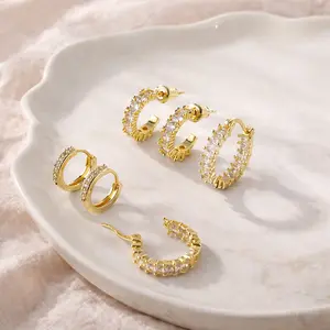 PolarEve Three Pairs 14K Gold-Plated Hoop Earrings Set with Rhinestone Cubic Zirconia Chunky Small Huggie Hoops for Women Elegant Gold Jewelry