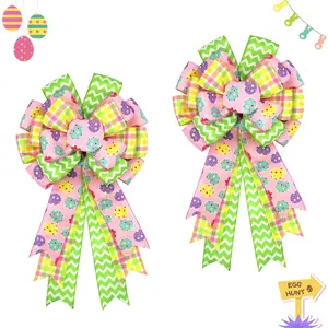 Large Easter Bows for Wreath 20x11 Inch, 2 Pack Pre-Tied Easter Egg Wired Ribbon Bow, Big Tree Topper Bow for Front Door Indoor Outdoor Spring Summer Decoration (Yellow)