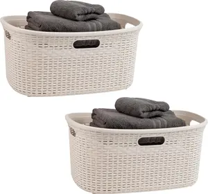 40L Laundry Basket, Clothes Hamper, Wicker,, Set of 2, Ivory
