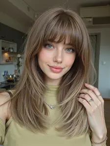 18 Inch Straight Wig with Bangs, Medium Length Heat Resistant Fashion Natural Looking Wig for Daily Commute or Holiday Parties, Synthetic Material Wigs