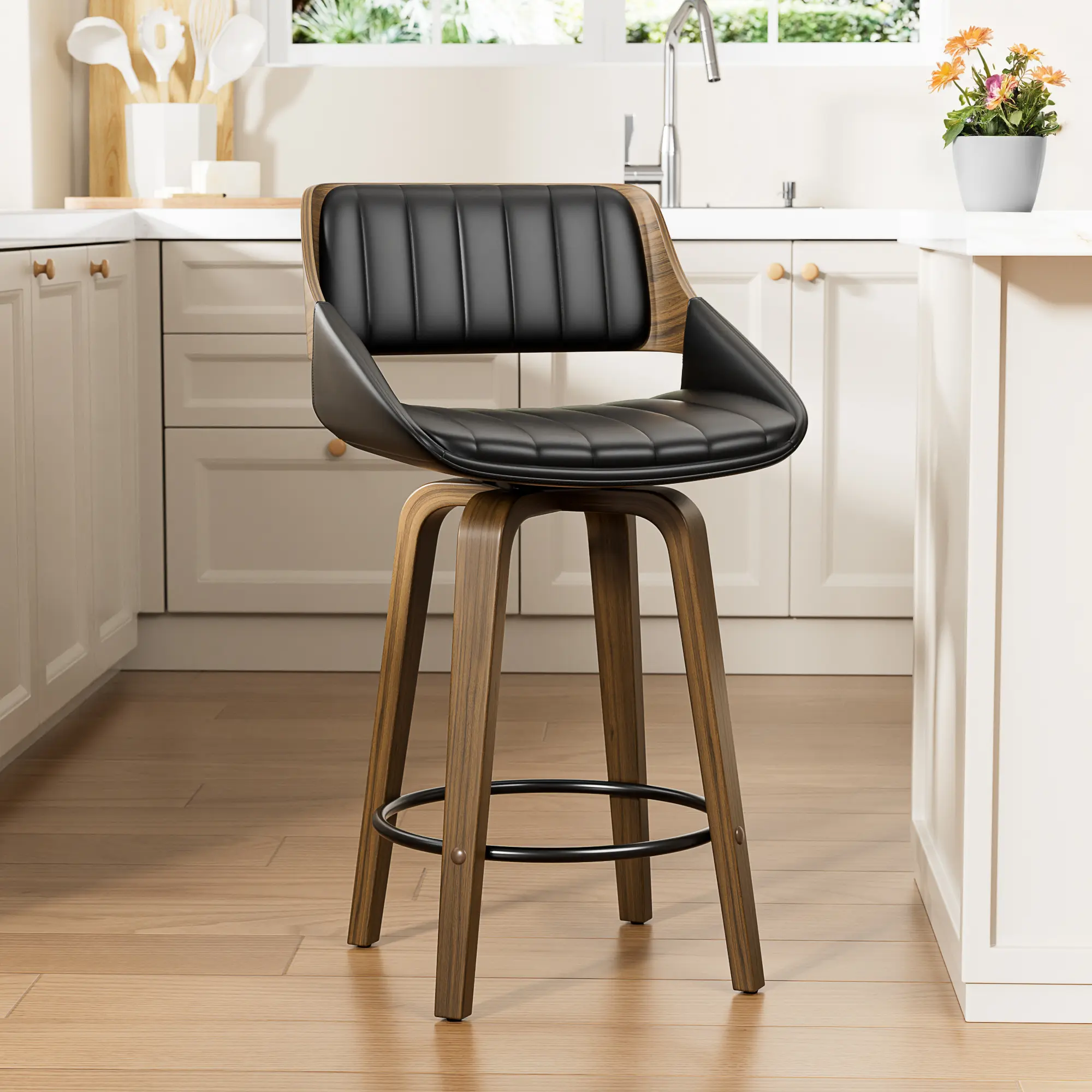 Aowos 26" Swivel Counter Height Bar Stool with Walnut Bentwood Frame, Faux Leather Seat & Footrest, Mid-Century Modern Chair for Kitchen Island, Bar, or Café, home,  bar set, soft, seat, cushion