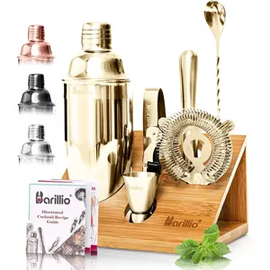 Gold Bartender Kit - Stainless-Steel Cocktail Shaker Set w/Bamboo Stand - Mixology Bar Tools w/Shaker, Drink Mixer Spoon & Muddler for Cocktails - Home Bar Accessories - 10-Pc Bar Set