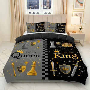 3PCS Duvet Cover Set, 1 Duvet+2 Pillowcases(Without filler), Queen King Crown Chess Medieval theme, Valentine's Day bedding set, Luxury Elegant Royal Suitable for decoration Bedroom Hotel Apartment Dorm
