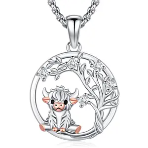 DRINSPER Highland Cow Necklace 925 Sterling Silver Pendant Highland Cow with Tree of Life Yggdrasil Necklace