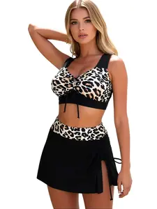 Leopard Print two-Piece Swimwear Set with Crop Top & Skirt Cover-Up Women's High-Waisted Leopard Print Tankini with Skirt - Beach & Pool Outfit