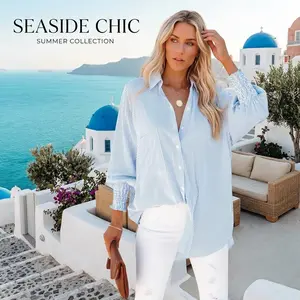 Women's Casual Oversized Boyfriend Shirt - Long Sleeve Striped Button Down Blouse with Smocked Cuff, Shirred Detail, and Pocket, Perfect for Everyday Wear, Comfortable Loose Fit Tops, Fashionable Collar Design, Lightweight Breathable Fabric