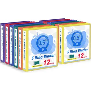 3 Ring Binder 0.5 Inch,  12 Pack 0.5-Inch Binder Fits Letter Size 8.5'' x 11'' Paper, Versatile Binders for Office  School, 2 Pockets, Color