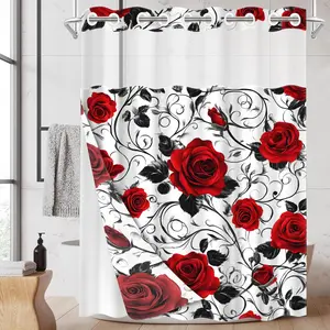 1PC 2D Flat Double-layer woven shower curtain liner with red rose and black vine pattern (no hooks), transparent top, removable snap-on lining, modern and unique bathroom partition art decoration, bathroom decoration, holiday decoration.