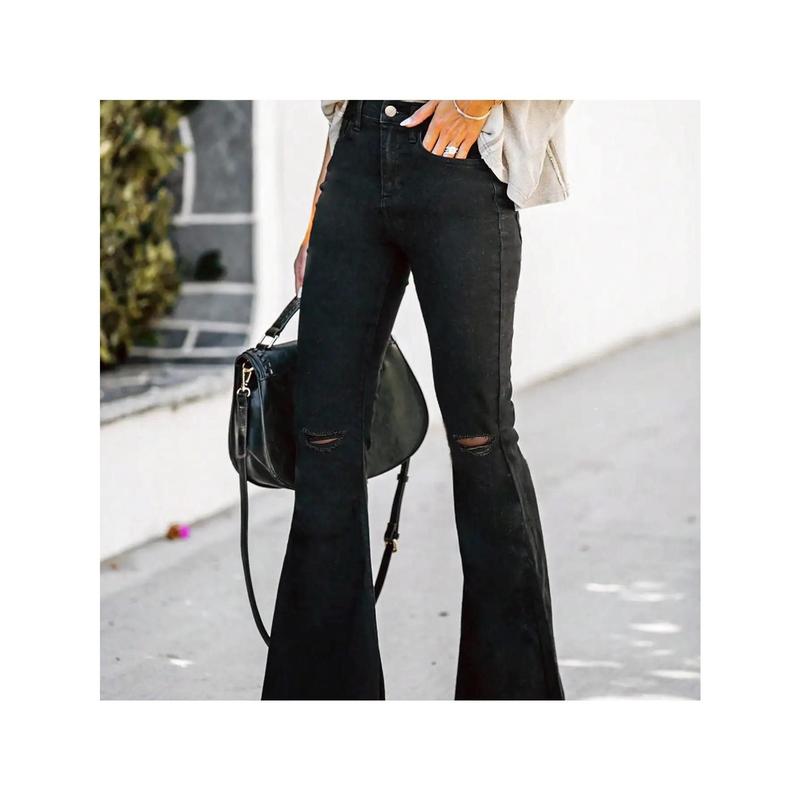 Women's Black Raw Hem Fringe Flare Jeans - Wide-Leg Distressed Bell-Bottom Denim Pants with Button Closure, Boho-Chic Fringe Hem & All-Season Wear for Casual & Formal Outfits (Machine Washable) - Boho Western Style