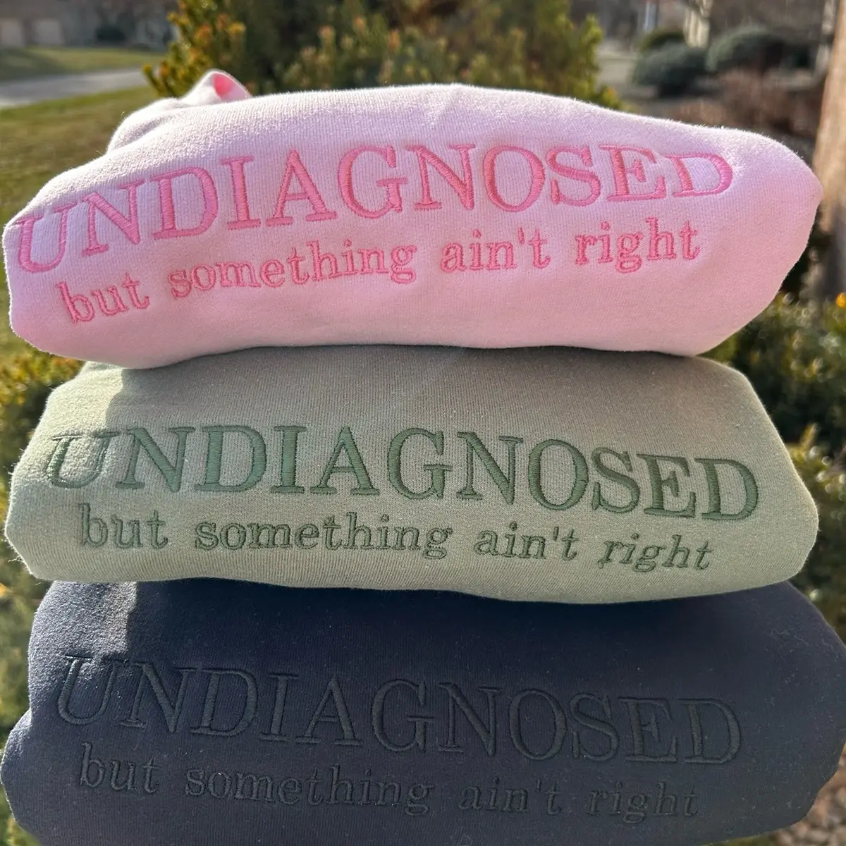 Embroidered “undiagnosed but something ain’t right” trendy and minimalist monochromatic crewneck neutral