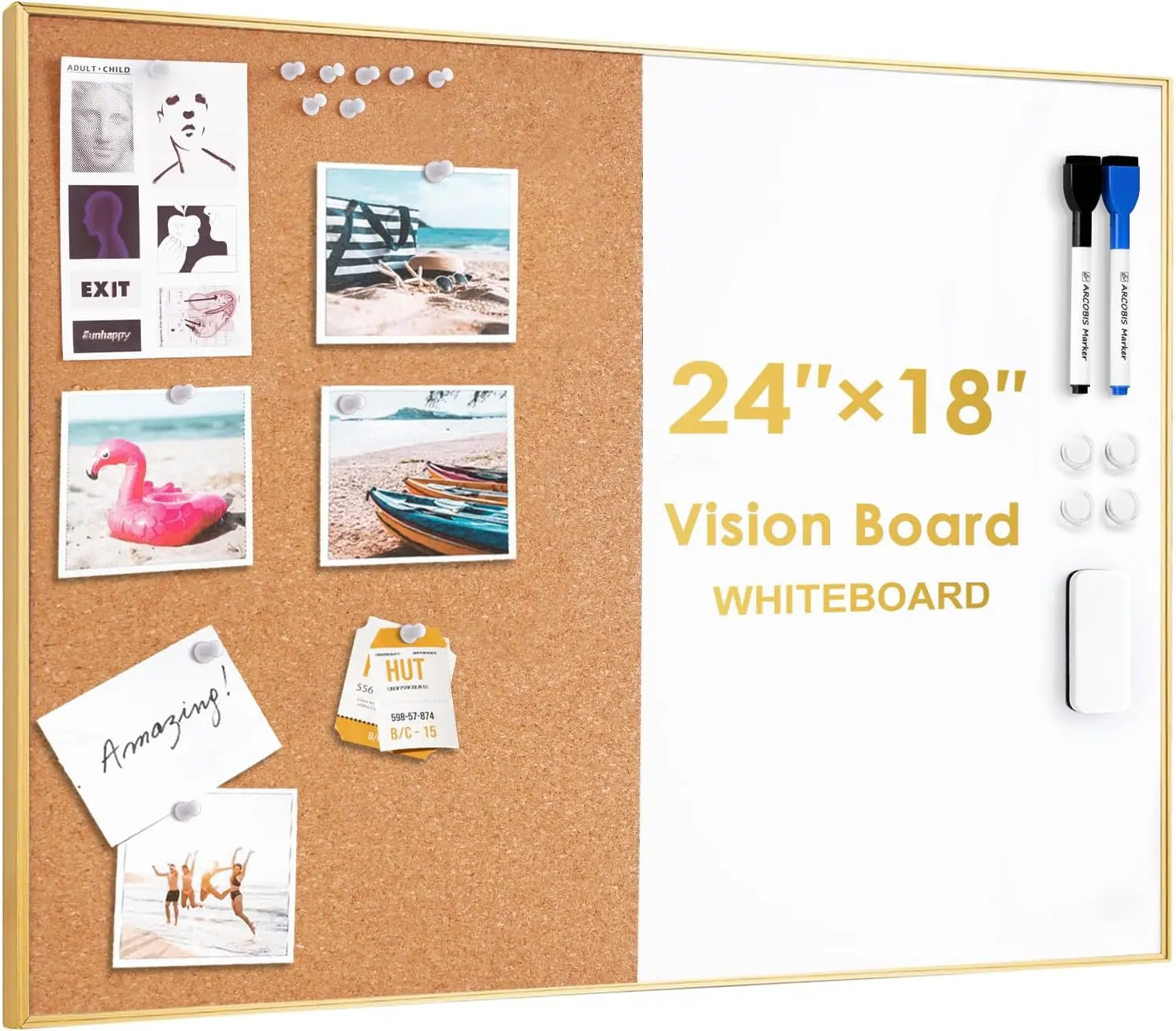 Cork Board White Board Combo, 24 x 18 Inch Bulletin Board- Frame,  Dry Erase Board & Corkboard for Wall, Vision Board for , Office, School