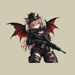 Tactical Anime Girl Sticker, Demon Wings Cat Companion, Gothic Military Waifu Decal Laptop Car