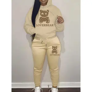 Cartoon Bear Print Two-piece Set, Drawstring Long Sleeve Hoodies & Jogger Pants Outfits, Women's Clothing