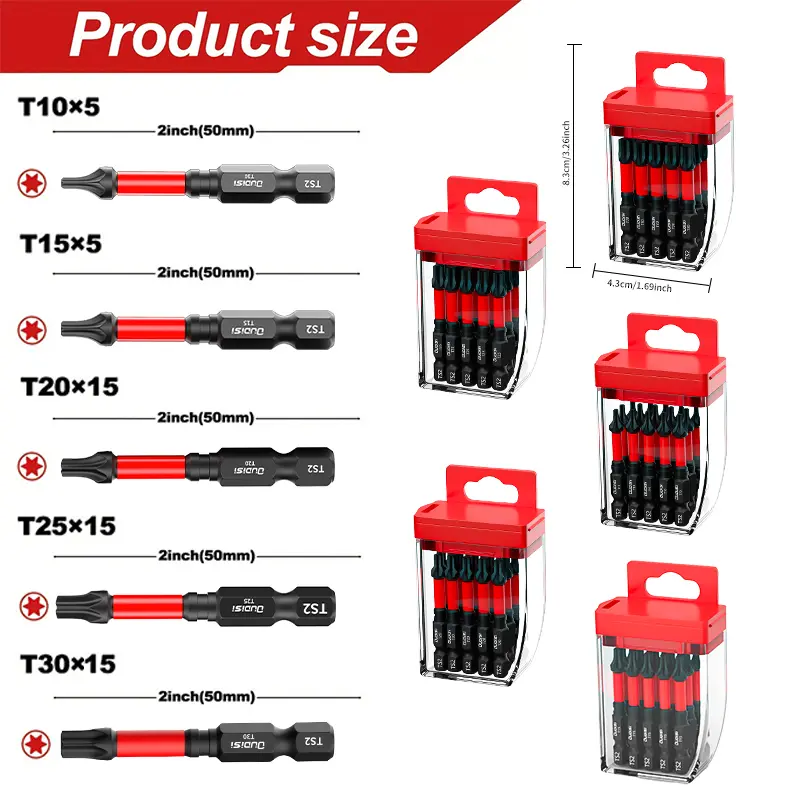 Torx Bit Set, T10, T15, T20, T25, T30 Precision Industrial Screwdriver Bit Set, with Magnetic Tips, Hollow Hex, High-Hardness Waterproof and Rust-Resistant S2 Steel, Easy to Replace, Industrial Screwdriver Bits