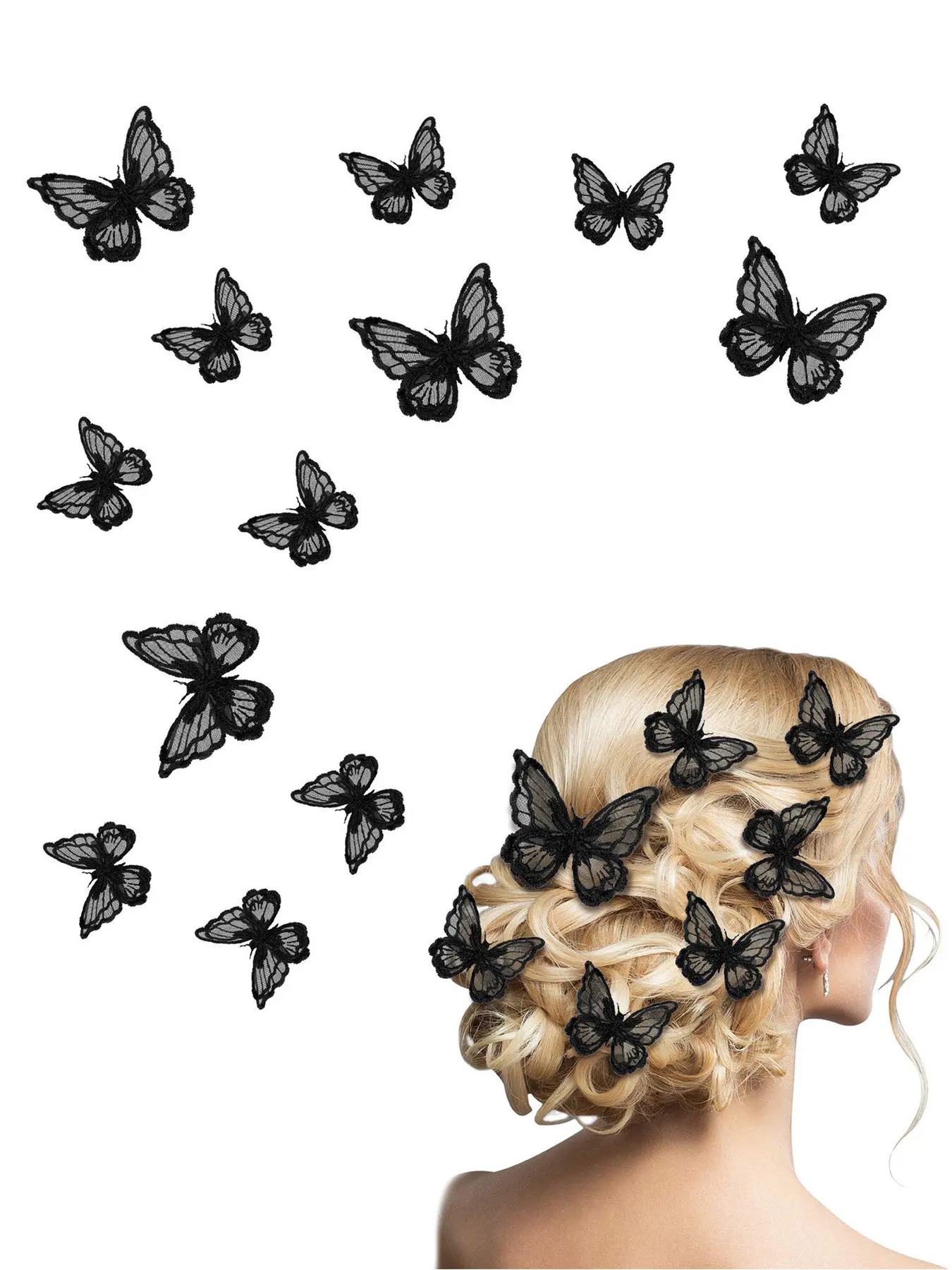 20-piece set of mysterious black butterfly hairpins for Halloween, featuring mesh embroidery design, suitable for ladies' broken bangs and hair accessories, perfect for holiday parties and gift-giving