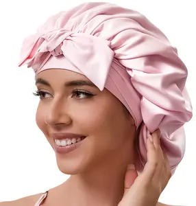 Tie Band Silk Satin Hair Bonnet for Sleeping Women Curly : Sleep Night Wrap Cap for Straight Wavy Coily Kinky Natural Hair Head - Pink