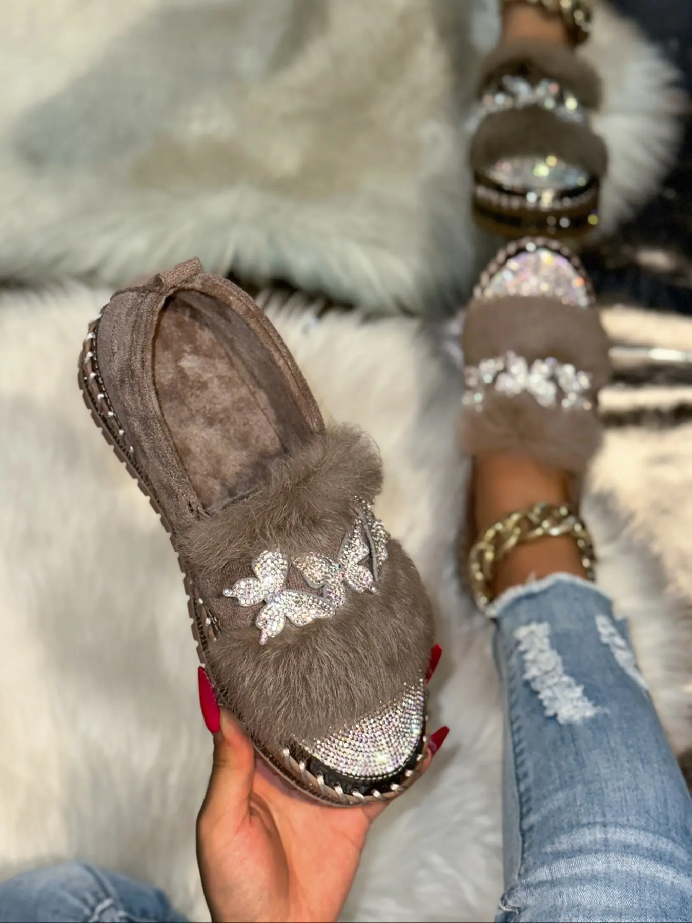 Women's Casual Faux Fur Mary Jane Flats, Cute Butterfly Rhinestone Decor, Slip-On Round Toe Shoes, Comfortable All Seasons, Butterfly Decorated Loafers