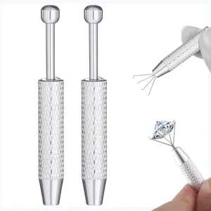 2 Pcs Piercing Ball Grabber Tool, Diamond 4 Prongs Claw Tweezers Stainless Steel Jeweler Pick Up Tool Piercing Assistant Pen for Tiny Objects Ic Chips Electronic Components (Sliver)