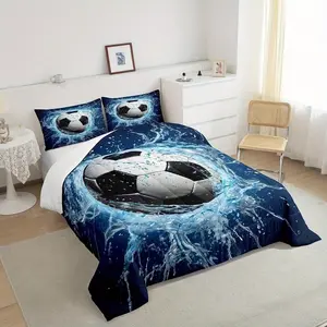 3-piece soccer-themed bedding set, blue waterbed set, 3D printed bedding, sports-themed duvet cover (with 200 fillers), with 2 pillowcases (without core), Bedroom Decor Bedding, room decor, soft and warm for all seasons, holiday and birthday gift dec