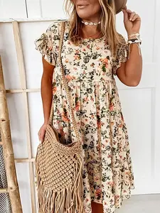 Women's Floral Print Ruffle Smock Dress, Casual Fashion Short Sleeve Round Neck Knee Length Dress for Summer, Women's Dress for Beach Holiday Vacation
