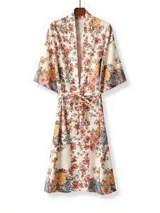 Women's Floral Print Kimono, Boho 3/4 Sleeve Open Front Outerwear for Beach Vacation Holiday, Ladies Clothes for Summer, Womenswear, Bohemian