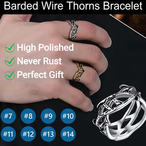 FaithHeart Gothic Stainless Steel Thorns Ring - Unisex Christian Crown of Thorns Band, Hollow Vine Design, Stackable, Never Rust, Lead-Free, Street Style, Engagement Gift, Thumb/Pinky Wear, US Sizes 7-14, Adult Jewelry, Ring Pendant Compatible